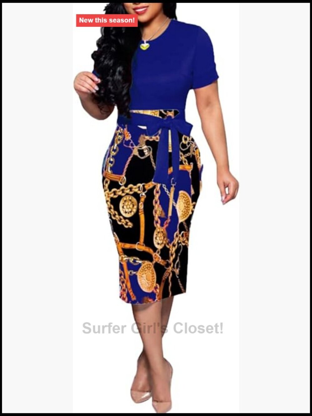 Women Midi Bodycon Dress Floral Pencil with Belt Short Sleeve Round Neck